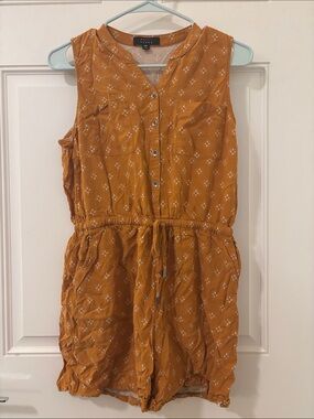 Sleeveless Mustard Floral Button Romper with Drawstring Waist